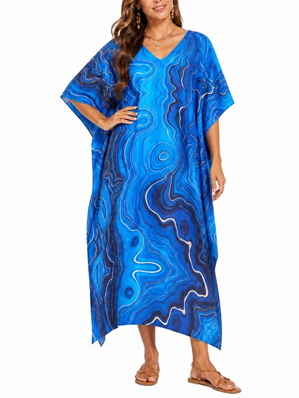 Women Plus Size Marble Printed Caftan Dress Stylish Cover Up Maxi Dresses